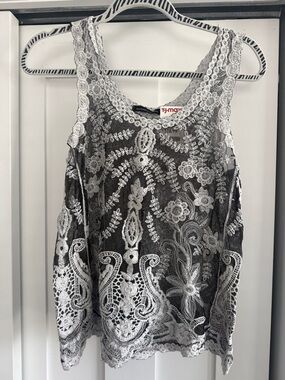 Embroidered Lace Overlay Camisole - Black with White Lace